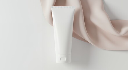 Mockup White cosmetic tube standing on pink fabric background
