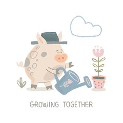 A sweet pig, wearing a sun hat, happily watering his garden with a little watering can
