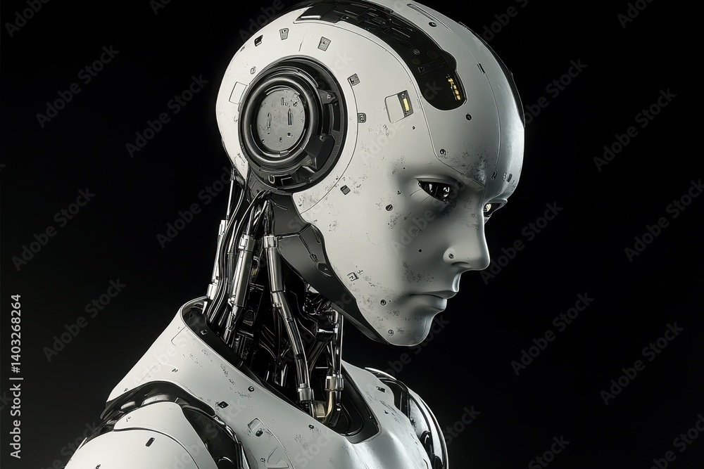 Poster realistic humanoid robot head with intricate design in a dark setting