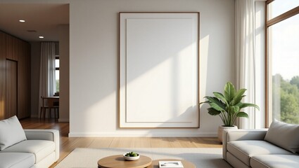 Modern interior design of an empty living room with furniture and a window Empty room with window and white wall featuring simple furniture and wooden floor
