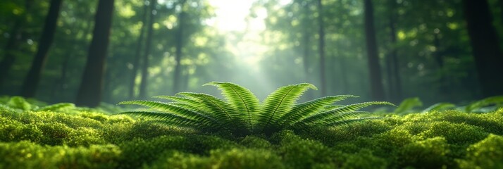 Lush green fern growing on soft moss in a tranquil forest setting