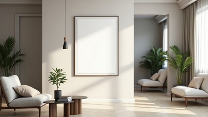 Modern interior design of an empty living room with furniture and a window Empty room with window and white wall featuring simple furniture and wooden floor