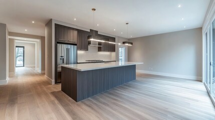 Kitchen interior in a beautiful new luxury home with a kitchen island and wooden floor, bright modern minimal style, with copy space