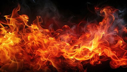 Fiery inferno swirling on black canvas, red smoke swirls black background, abstract smoke art