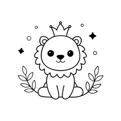 line art of A smiling baby lion wearing a tiny crown