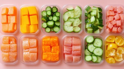 Prepared, colorful, healthy meal prep containers.  Various ingredients including diced fruits, vegetables, and protein are portioned and ready for consumption