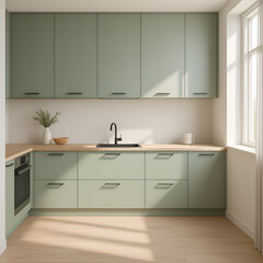 Minimalist Sage Green Kitchen Interior with Natural Light and Wooden Countertops
