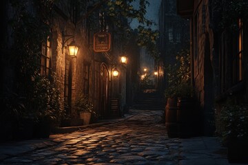 Obraz premium A narrow, cobbled alleyway bathed in warm lamplight.