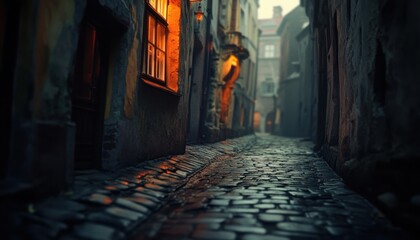 A narrow, cobblestone alleyway, illuminated by warm, amber light. © yusilva