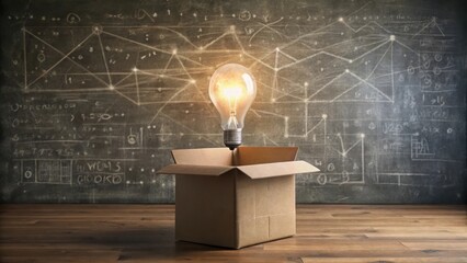 Floating Light Bulb Emerging from Box in Front of Math Equation, minimalist style