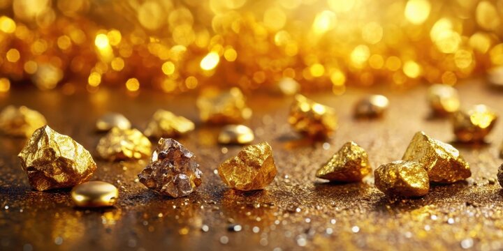 Golden ore nuggets and crystals scattered on a shiny golden background, highlighting their intricate patterns and textures , precious metal, gold nugget