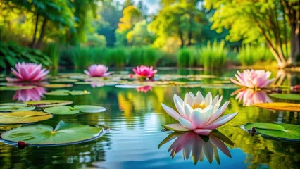 Printed roller blinds A serene and peaceful tranquil pond with water lilies floating gently on its surface creating a soothing ambiance in nature