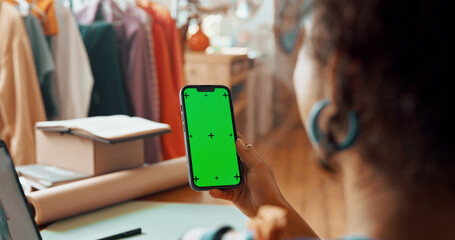 Hand, phone and green screen for small business, mockup and fashion boutique startup with online...