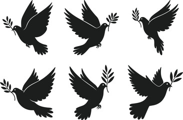 Set of Dove Silhouette Vectors with Olive Branch – Peace Symbol Collection