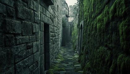 A moss-covered alleyway between ancient stone buildings.