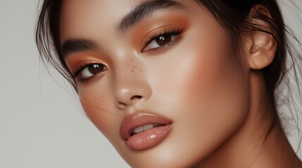 Fototapeta premium Beautiful model showcasing natural makeup look with warm tones and glowing skin for a fashion editorial shoot