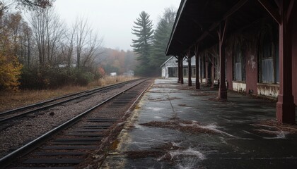 Obraz premium Abandoned train station platform on a misty autumn day.