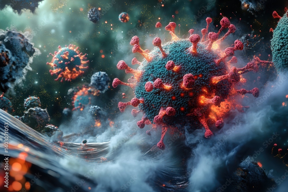 Poster detailed visualization of a virus in a dynamic, cellular environment