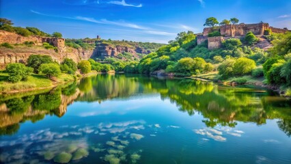 Fototapeta premium Serene landscape of Kund water body at Ranthambore Fort with blue sky and lush greenery in the background