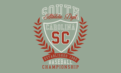 South Carolina Baseball Championship Athletic Dept. typography slogan with college varsity print for graphic tee t-shirt or sweatshirt.	