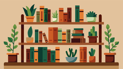A set of rustic wooden shelves filled with books and plants.