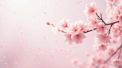 Fototapeta premium Cherry Blossom Background in Spring Season – Beautiful Pink Sakura Flowers Blooming with Soft Petals, Blue Sky, and Nature Landscape for Tranquil Floral Scenery