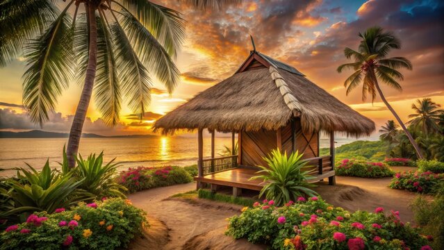 Traditional Southeast Asian-style nipa hut on the beach at sunset in a warm sepia-toned background, with lush greenery and tropical flowers surrounding it, natural setting, rustic charm