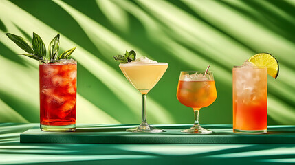Four vibrant summer cocktails in various styles.