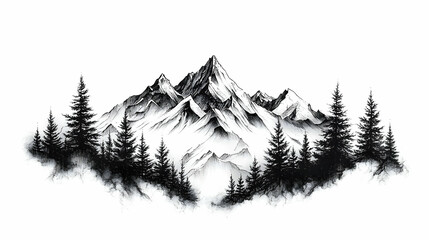 Detailed pencil sketch of majestic snowy mountains and a forest.