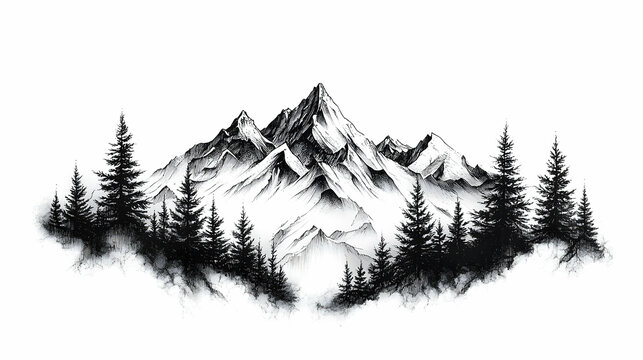 Detailed pencil sketch of majestic snowy mountains and a forest.