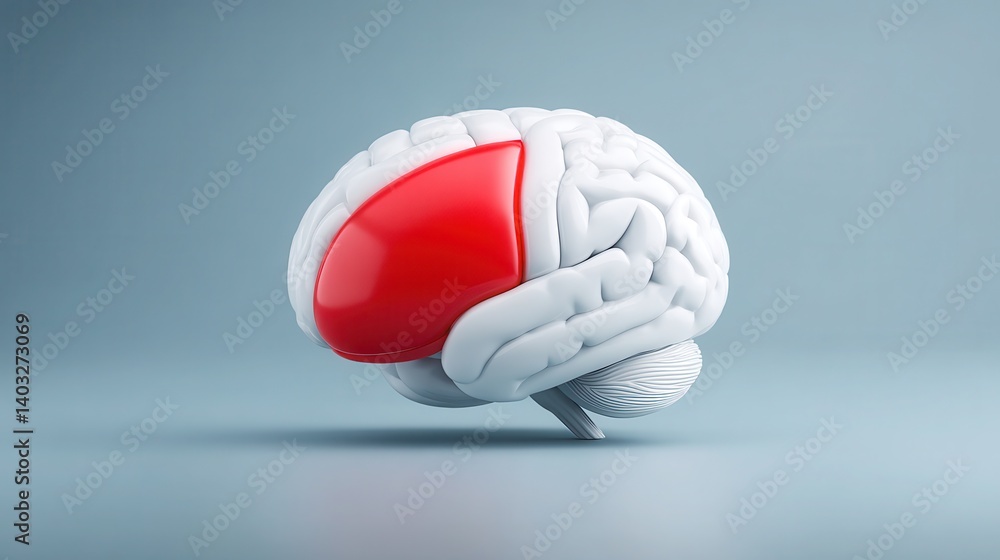 Poster 3d white brain model with red-highlighted frontal lobe, emphasizing its role in decision-making, beh