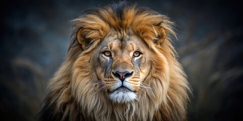 Fototapeta premium Regal yet menacing lion with voluminous mane and piercing gaze
