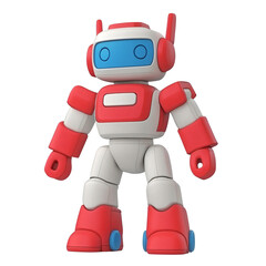 Fototapeta premium Friendly Robot Toy: A charming, friendly-looking robot toy, predominantly white and red, stands against a white background. Its design is simple yet appealing, with rounded features and bright colors.