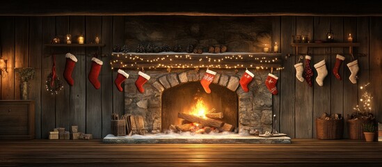 Obraz premium Cozy Christmas Fireplace Scene: A Rustic Winter Wonderland