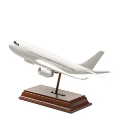 Obraz premium Airplane Model: A meticulously crafted airplane model, showcasing its streamlined design and intricate details. Mounted on a wooden base, this object is a symbol of flight and aviation technology. 