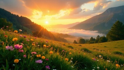 Obraz premium Golden sunrise bathes vibrant meadow, mist-shrouded valley , golden hour, dawn, warm