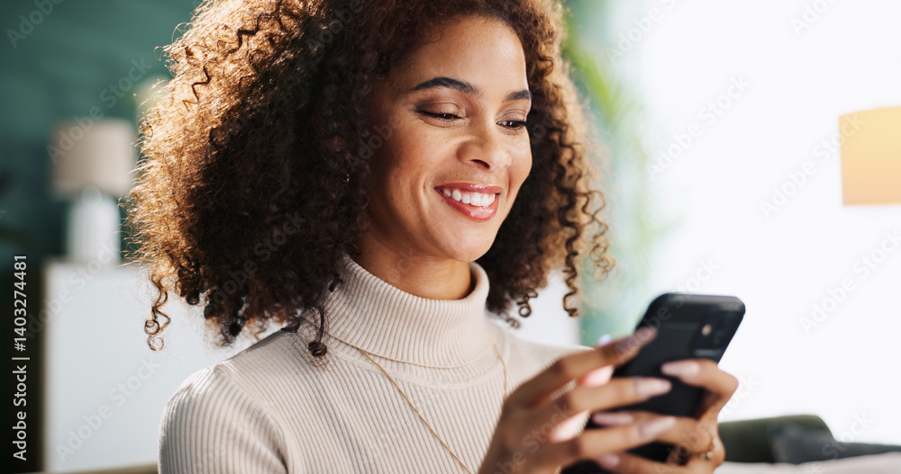 Aufkleber Typing, message and woman with smartphone, home and smile for communication with contact and online. Relax, connection and person with mobile for chat, happy and girl with tech for texting in house