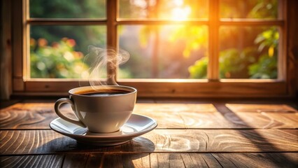 A warm and inviting cup of coffee on a wooden table, with a soft morning light streaming through the windowpane, as the steam rises gently from the surface , light, coffee