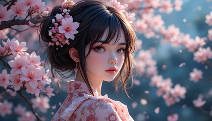 Close up of cute Japanese girl wearing kimono with pink Sakura pattern and cherry blossom hair pins with spring and blurred blooming cherry blossom 