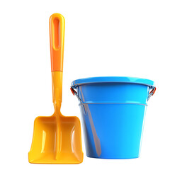 Beach Bucket and Shovel: A vibrant blue beach bucket and a sunshine yellow shovel, essential for a day of sandcastle building and fun under the summer sun.