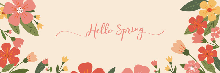 Spring floral banner with colorful flowers and “Hello Spring” text – seasonal illustration for greeting cards, invitations, social media, digital ads, and decorative springtime designs