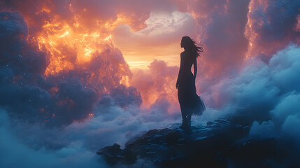 Fototapeta premium Ethereal silhouette of a woman standing on rocky terrain amidst vibrant clouds and fiery sunset
