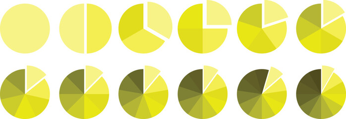 Pie chart set, segmented circle icons, circle diagram. Pie chart divided 1,2,3,4,5,6 equal parts. Color pizza or donut round diagram. Infographic wheel segment or sections parts. Vector illustration