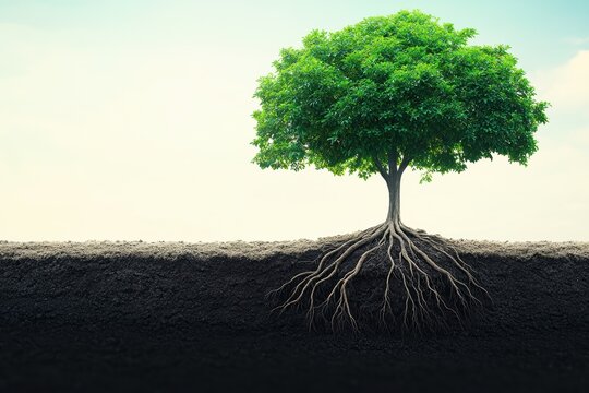 Graphic layout showcasing a tree with robust roots against a clear sky background