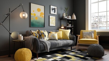Chic retro living room wall art mockup with empty black 24x36 inch frame above stylish sofa, featuring minimal decor and subtle yellow and grey color accents for modern interior design concepts