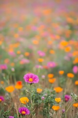 Vibrant Pink Flower in a Field of Orange and Pink Blossoms