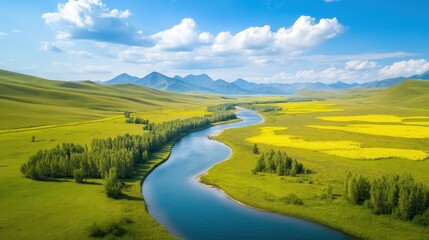 Obraz premium Aerial view of a winding river through lush green fields and rolling hills on a sunny day