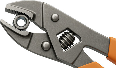 Close up of Grey Metal Locking Pliers Gripping Nut Detailed Tool Image