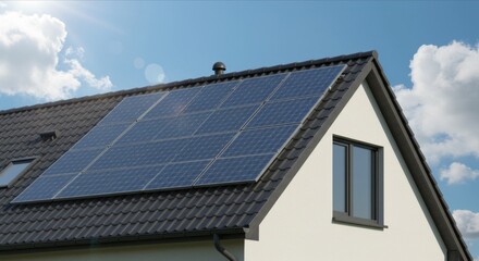 Fototapeta premium Solar panels on a house roof under a sunny sky with clouds.