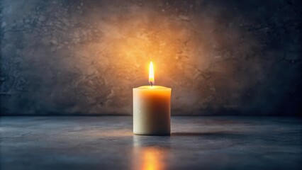 Softly glowing candle in a small size burns brightly on a dark gray background, surrounded by subtle shadows and warm lighting effects , candle, soft glow